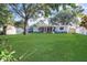 Spacious back yard featuring lush lawn, mature trees, and a shed at 1384 S Hillcrest Ave, Clearwater, FL 33756