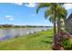 An open view of the lake behind the house, surrounded by palm trees and well-manicured landscaping at 14514 Woodland Spur Dr, Lithia, FL 33547