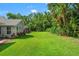 Picturesque backyard with well-maintained lawn, privacy landscaping, and home exterior at 17311 Carriage Way, Odessa, FL 33556