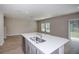 Open eat-in kitchen boasts gray cabinets, stainless appliances, a white island, and wood-look floors at 36964 Sagemoor Dr, Zephyrhills, FL 33541