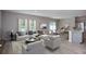 Staged living room with adjacent eat-in kitchen area boasts modern furniture and wood-look floors at 36964 Sagemoor Dr, Zephyrhills, FL 33541