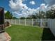 Landscaped backyard featuring lush lawn and white vinyl fence, perfect for relaxing and enjoying outdoor space at 11219 Paddock Manor Ave, Riverview, FL 33569