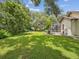 Spacious backyard featuring lush green lawn, mature trees, and a screened-in pool enclosure at 18803 Misty Shores Ln, Lutz, FL 33548