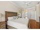 Bedroom featuring hardwood floors, ceiling fan, and an ensuite bathroom at 18803 Misty Shores Ln, Lutz, FL 33548