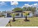 Charming single-story home with a gray roof, a blue door, and two palm trees in the front yard at 8045 Colton Dr, Port Richey, FL 34668