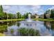 Serene pond view showcasing lush vegetation and a beautiful fountain feature at 9317 Stone River Pl, Riverview, FL 33578