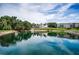 View of complex from pond with mature trees and landscaping under a blue sky at 960 Virginia St # 204, Dunedin, FL 34698