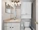 Full bathroom boasts a vanity sink with a decorative mirror and a shower and toilet at 15217 Octavia Ln, Odessa, FL 33556