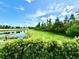 Picturesque backyard view with a serene pond, lush greenery, and a clear blue sky at 19636 Long Lake Ranch Blvd, Lutz, FL 33558