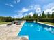 Stunning backyard pool with lounge chairs, landscaped greenery, and clear blue water on a sunny day at 19636 Long Lake Ranch Blvd, Lutz, FL 33558