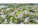 An aerial view shows properties with beautiful landscaping and mature trees surrounding a scenic pond and street at 20302 Noble Oak Pl, Tampa, FL 33647