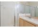 Bathroom featuring single sink, wood cabinets and walk in shower with glass door at 20302 Noble Oak Pl, Tampa, FL 33647
