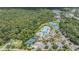 Aerial view showcasing the community pool and clubhouse with lush landscaping and mature trees in a wooded setting at 20302 Noble Oak Pl, Tampa, FL 33647