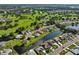 Bird's eye view shows a residential area featuring lovely waterfront homes next to an expansive golf course at 2110 W View Dr, Sun City Center, FL 33573