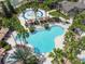 Aerial view of the uniquely shaped community pool, complete with lounge chairs and palm trees at 26835 Juniper Bay Dr, Wesley Chapel, FL 33544