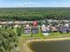 Aerial view of the property showcasing a large backyard, screened pool, and peaceful lake setting at 3477 Barbour Trl, Odessa, FL 33556