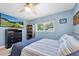 Bedroom featuring blue walls, a ceiling fan and a window overlooking green space at 4718 24Th S Ave, St Petersburg, FL 33711