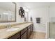 Bathroom with double sinks, granite countertops, dark wood cabinets and a large mirror at 5808 Grand Sonata Ave, Lutz, FL 33558