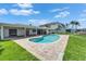 Landscaped backyard showcases a sparkling pool and covered patio, perfect for relaxing and entertaining at 6334 Cocoa Ln, Apollo Beach, FL 33572