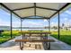 Community picnic pavilion with tables offers relaxing lakeside gatherings and views at 8443 Fantasia Park Way, Riverview, FL 33578