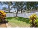 Backyard featuring a white vinyl fence, green grass, and shrubbery at 10203 Shadow Branch Dr, Tampa, FL 33647