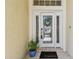 Close-up of the front door with decorative glass, a wreath, and a welcome mat at 10203 Shadow Branch Dr, Tampa, FL 33647