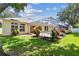 Backyard view of screened-in pool and patio with manicured landscaping at 10203 Shadow Branch Dr, Tampa, FL 33647
