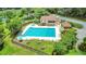 Aerial view of a community pool with lounge chairs, picnic tables, and well-kept grounds, offering residents a relaxing oasis at 15636 Morning Dr, Lutz, FL 33559