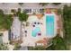 Aerial of a community pool with vibrant umbrellas and chairs, offering a perfect spot for relaxation and recreation at 60 Birdsong Ct, Oldsmar, FL 34677