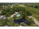 Aerial view of a community pool with a pond, surrounded by lush landscaping in a serene setting at 60 Birdsong Ct, Oldsmar, FL 34677