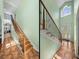 Elegant foyer featuring staircase with decorative iron railings and detailed tile flooring at 7427 20Th St, Zephyrhills, FL 33540