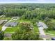 Aerial view shows a home with mature trees, a well-manicured lawn, and surrounding greenery at 1015 Hastings Ct, Lutz, FL 33548