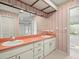 Retro bathroom featuring a double vanity and doorway to the shower and bathtub at 1015 Hastings Ct, Lutz, FL 33548