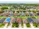Expansive aerial view of a residential community with well-kept lawns and tree-lined streets at 10909 Kirkwall Port Dr, Wimauma, FL 33598
