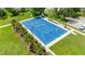 Aerial view of a blue basketball court with surrounding landscaping and parking at 12739 Rainwashed Loop, Parrish, FL 34219