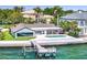Aerial view of the backyard with private pool, boat dock, lush landscaping, and waterfront views at 2002 Carolina Ne Cir, St Petersburg, FL 33703