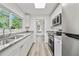 Modern kitchen featuring white cabinets, stainless steel appliances, and granite countertops at 11799 Raintree Dr, Temple Terrace, FL 33617