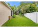 Lush, green backyard with a white fence and partial view of the house at 12031 Mountbatten Dr, Tampa, FL 33626