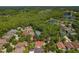 An aerial shot features the residence surrounded by a lush, wooded neighborhood with a serene lake in the distance at 19206 Ivy Oak Way, Tampa, FL 33647