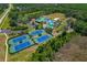 Aerial view showcases community amenities, including tennis courts, clubhouse, pool, and lush green spaces at 19206 Ivy Oak Way, Tampa, FL 33647