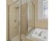 Updated main bathroom features shower, soaking tub and glass block window at 19206 Ivy Oak Way, Tampa, FL 33647