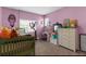 Charming bedroom with pink walls, a crib, a desk, and a dresser for storage at 3500 Ballastone Dr, Land O Lakes, FL 34638