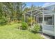 View of the backyard featuring lush green grass and a screen enclosed patio at 6041 Sandhill Ridge Dr, Lithia, FL 33547