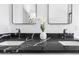 Close-up of double sinks with black marble countertops and modern black faucets, adorned with an orchid at 711 42Nd S Ave, St Petersburg, FL 33705