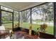 Relaxing screened porch showcasing tranquil views of the picturesque lake at 12529 Knollbrook Ln, Hudson, FL 34669