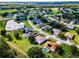 Picturesque aerial view of a residential neighborhood with a pond, lined with homes, and green space at 18168 Clearview Dr, Brooksville, FL 34604
