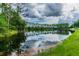 Scenic view of a tranquil pond with lush greenery and clear reflections at 18203 Tivoli Ln, Lutz, FL 33558
