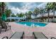 Community pool with tables, chairs, and loungers, surrounded by palm trees and lush landscaping at 18203 Tivoli Ln, Lutz, FL 33558