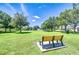 Scenic park view with a yellow bench and lush green space, ideal for relaxation and recreation at 19555 Timberbluff Dr, Land O Lakes, FL 34638