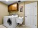 Functional laundry room with modern washer, dryer, utility sink, overhead cabinets, and painted walls at 2455 Anthony Ave, Clearwater, FL 33759